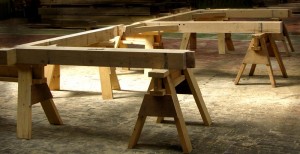 Green oak Frame resting on trestles